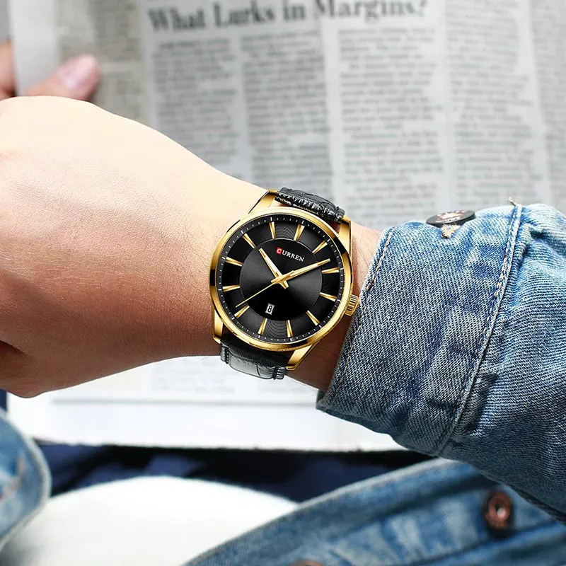 Curren Black Dial Gold-tone Leather Men's Watch- 8365